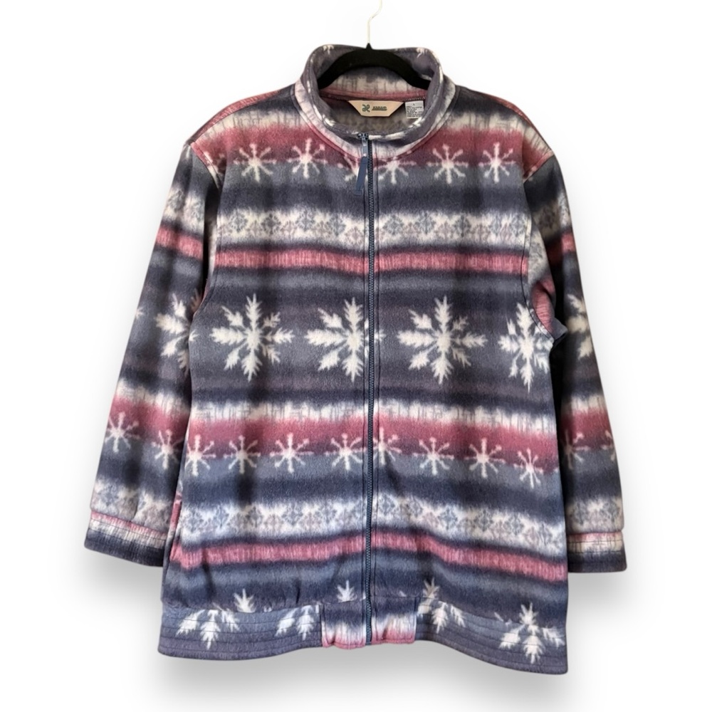 Vintage 90s Haband Snowflake Print Zip Fleece Jacket Size Large Winter Grandma
